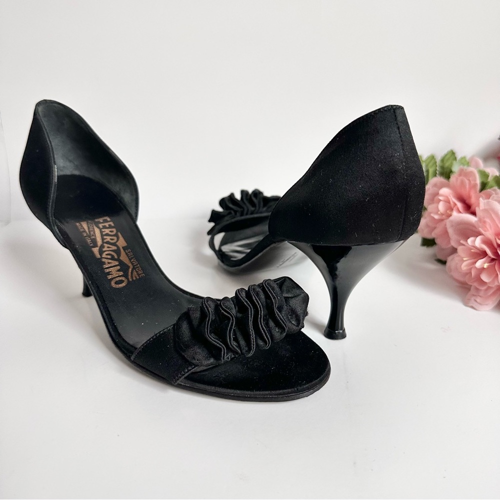 SALVATORE FERRAGAMO Black Satin D'Orsay Ruffle Open Toe High Heel Pumps